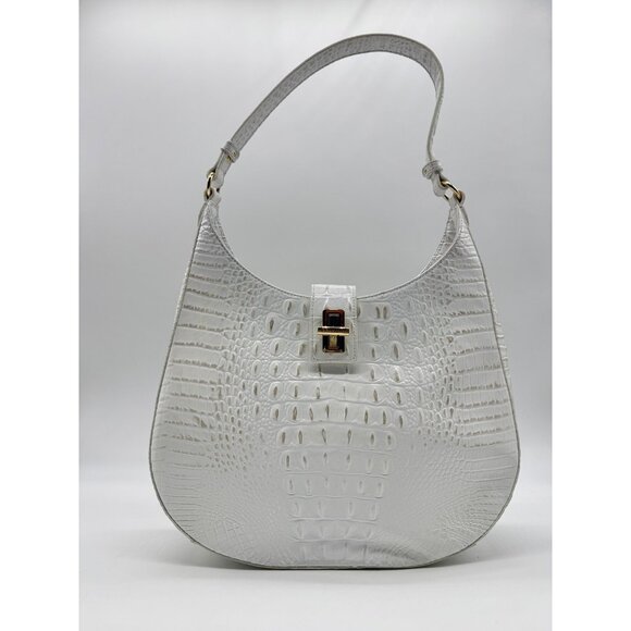 BRAHMIN Fallon Melbourne croc embossed leather shoulder bag -Sea Salt White-USED - Picture 1 of 15